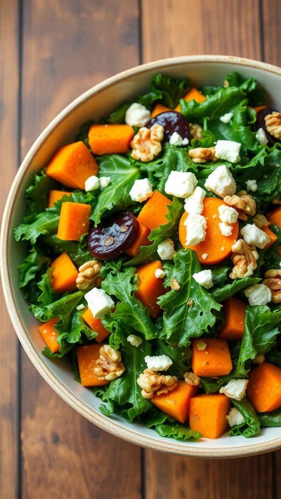 A vibrant kale and sweet potato salad with feta and walnuts in a bowl on a wooden table.